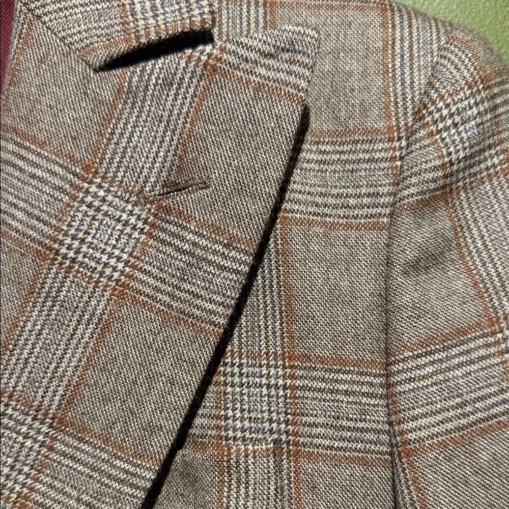 Sacoor Brothers Beige and Brown Plaid Blazer with Elbow Pads - Picture 4 of 11